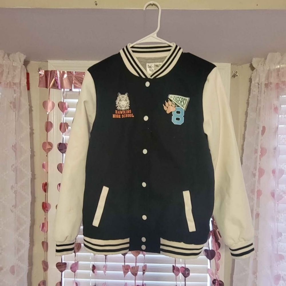 Stranger Things Girl's Varsity Jacket - Navy and White